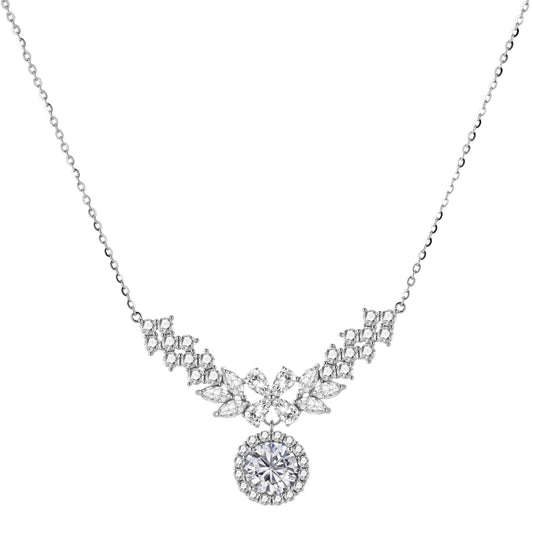 Elegant sterling silver necklace featuring intricate wing-like design with brilliant moissanite stones on neutral background.
