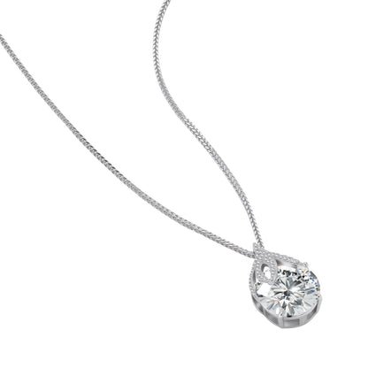 Sterling silver necklace featuring a large pear-shaped moissanite stone in an ornate setting with smaller accent stones