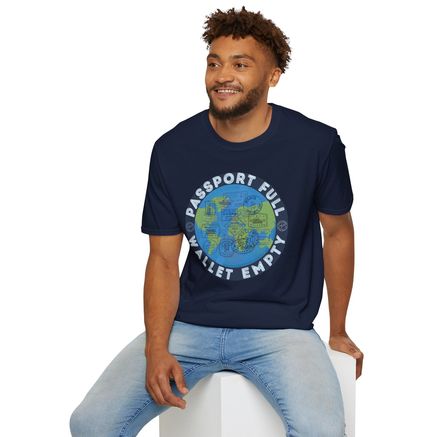 Travel T-Shirt — “Passport Full, Wallet Empty” with Globe Graphic Printify
