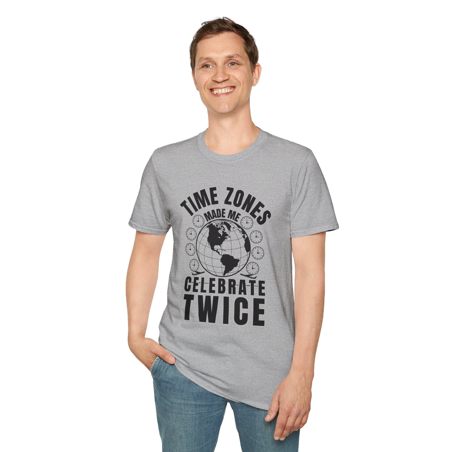 T-Shirt-“Time Zones Made Me Celebrate Twice” Globe Graphic Printify