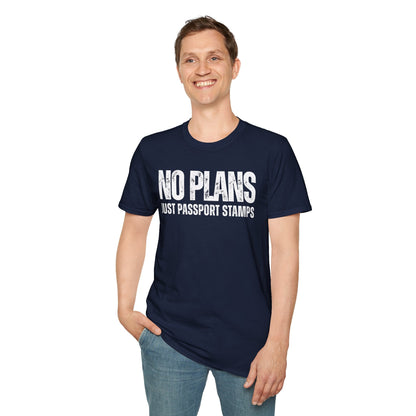 Travel-Inspired Unisex T-Shirt – "No Plans, Just Passport Stamps" Printify