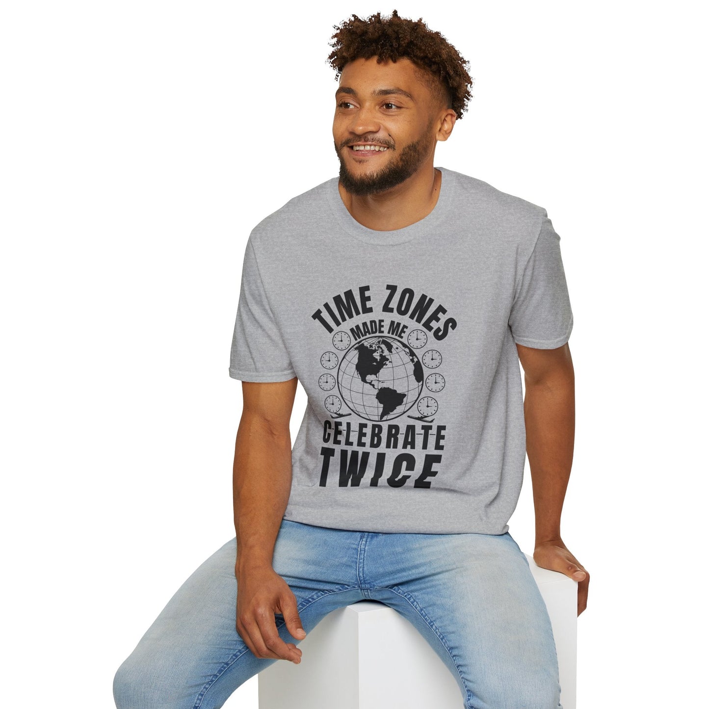 T-Shirt-“Time Zones Made Me Celebrate Twice” Globe Graphic Printify