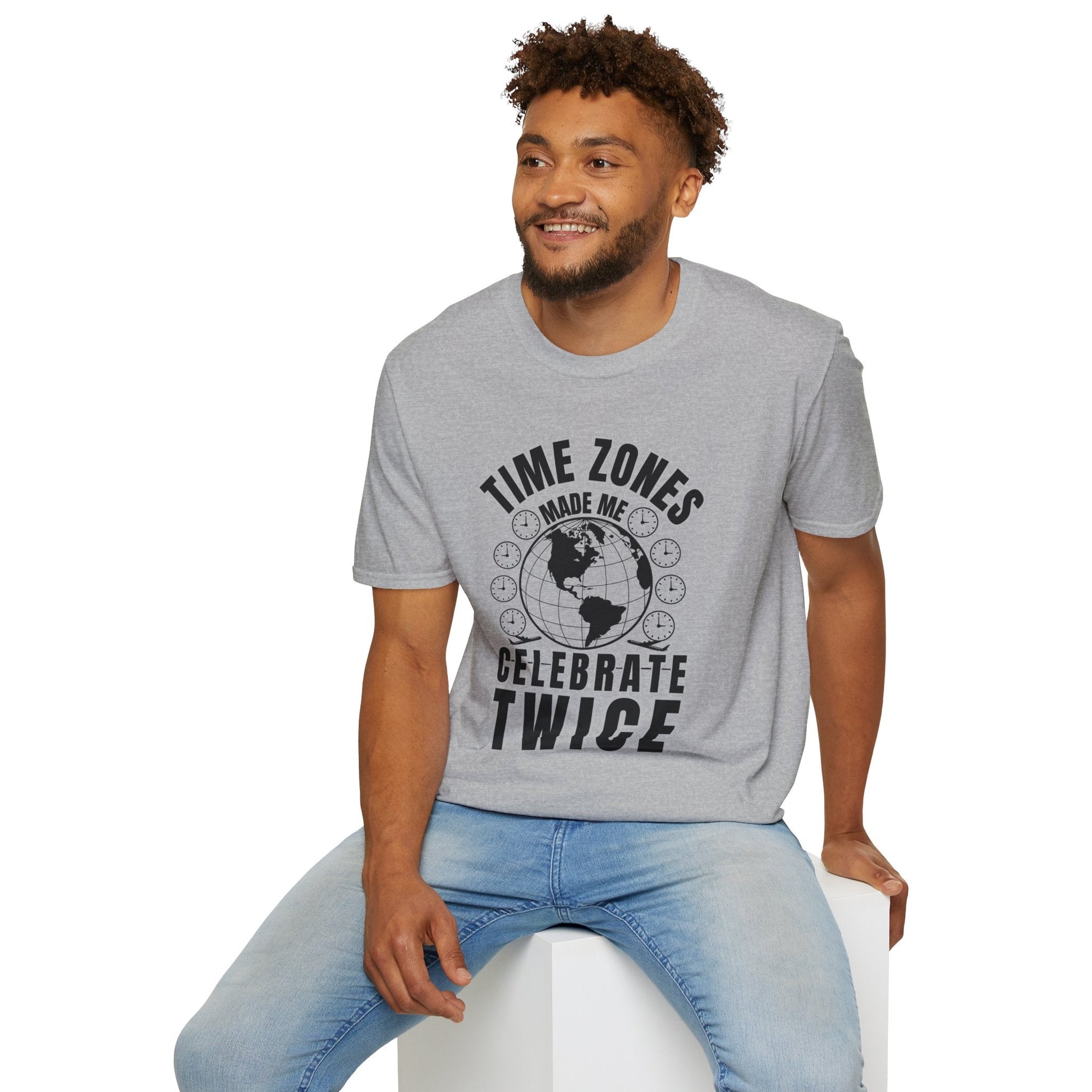 T-Shirt-“Time Zones Made Me Celebrate Twice” Globe Graphic Printify