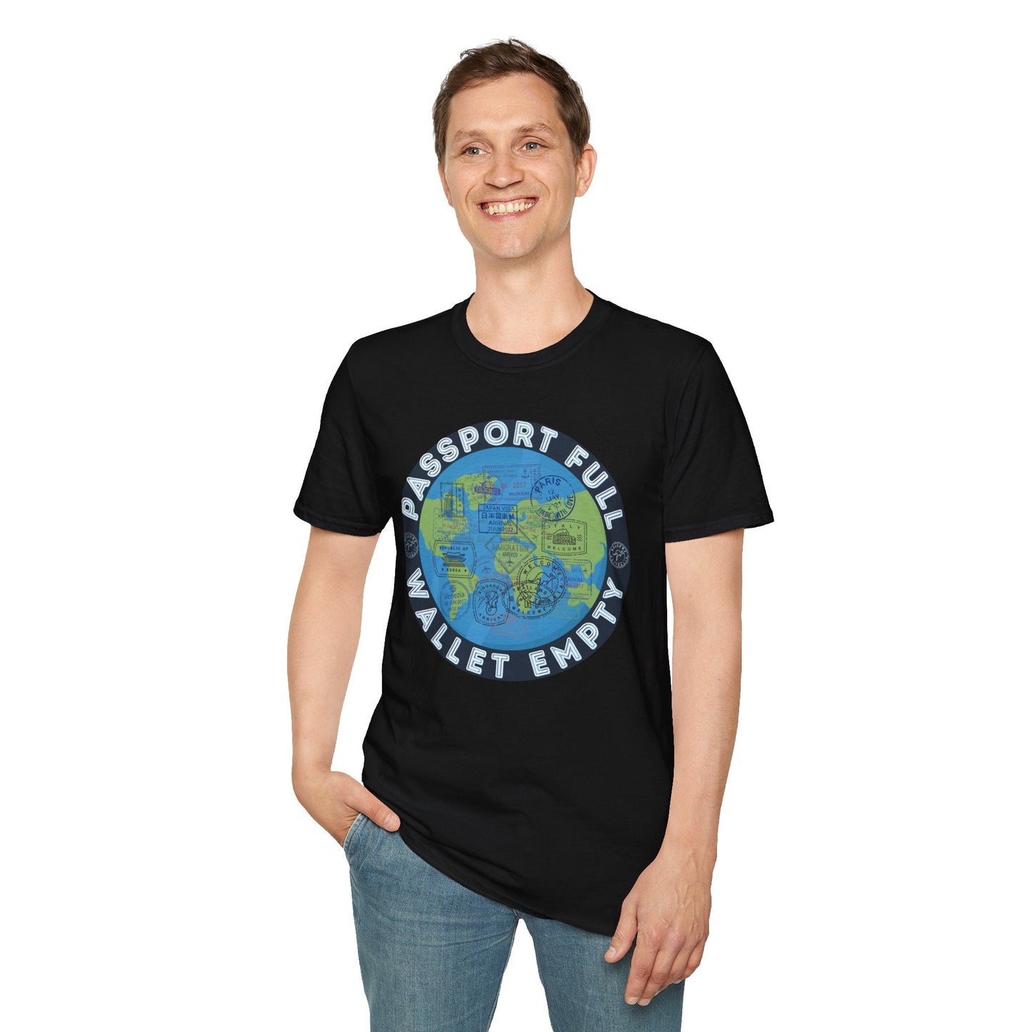 Travel T-Shirt — “Passport Full, Wallet Empty” with Globe Graphic Printify