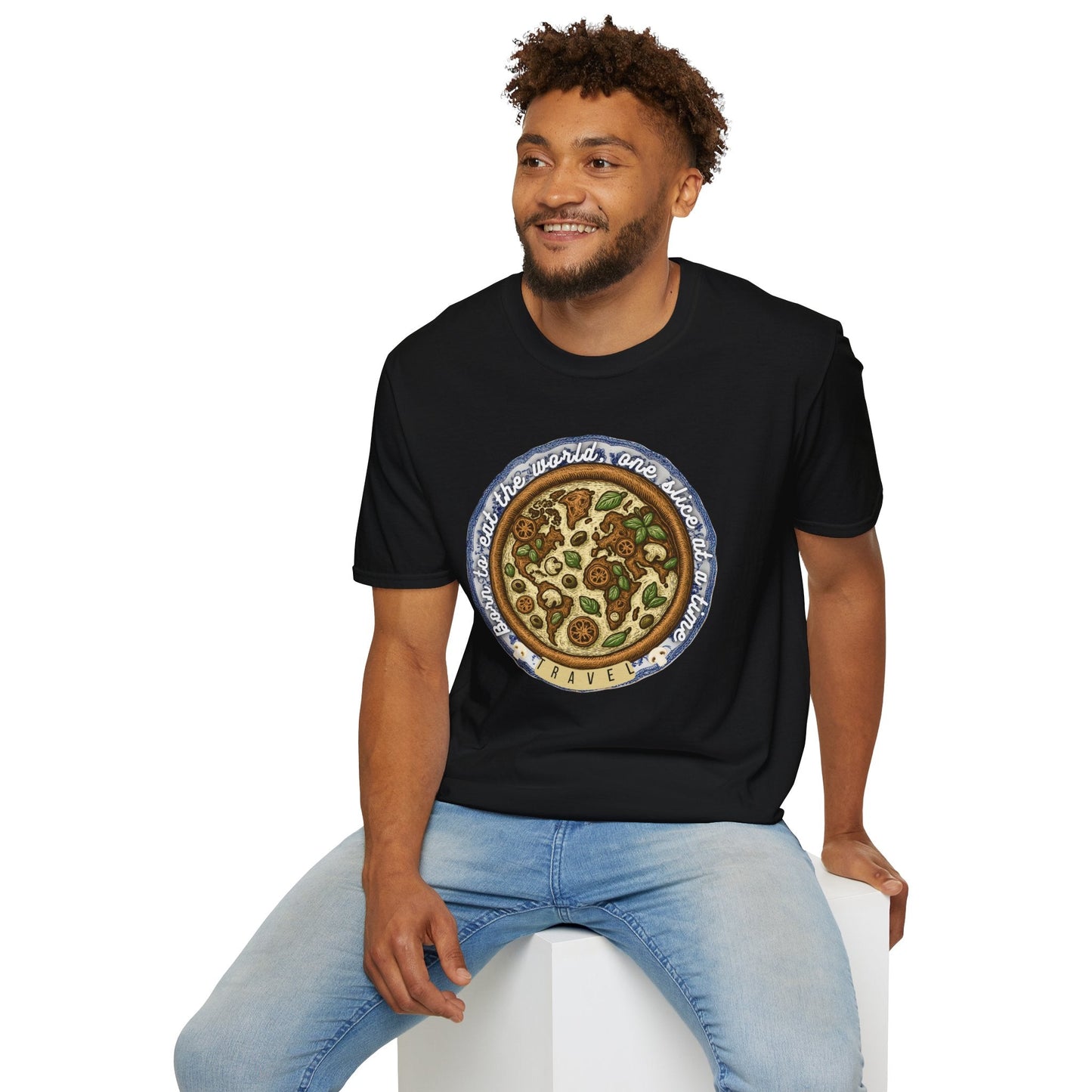 Unisex Pizza Lover's Funny Softstyle Travel T-Shirt - Born to Eat the World One Piece at a Time Printify