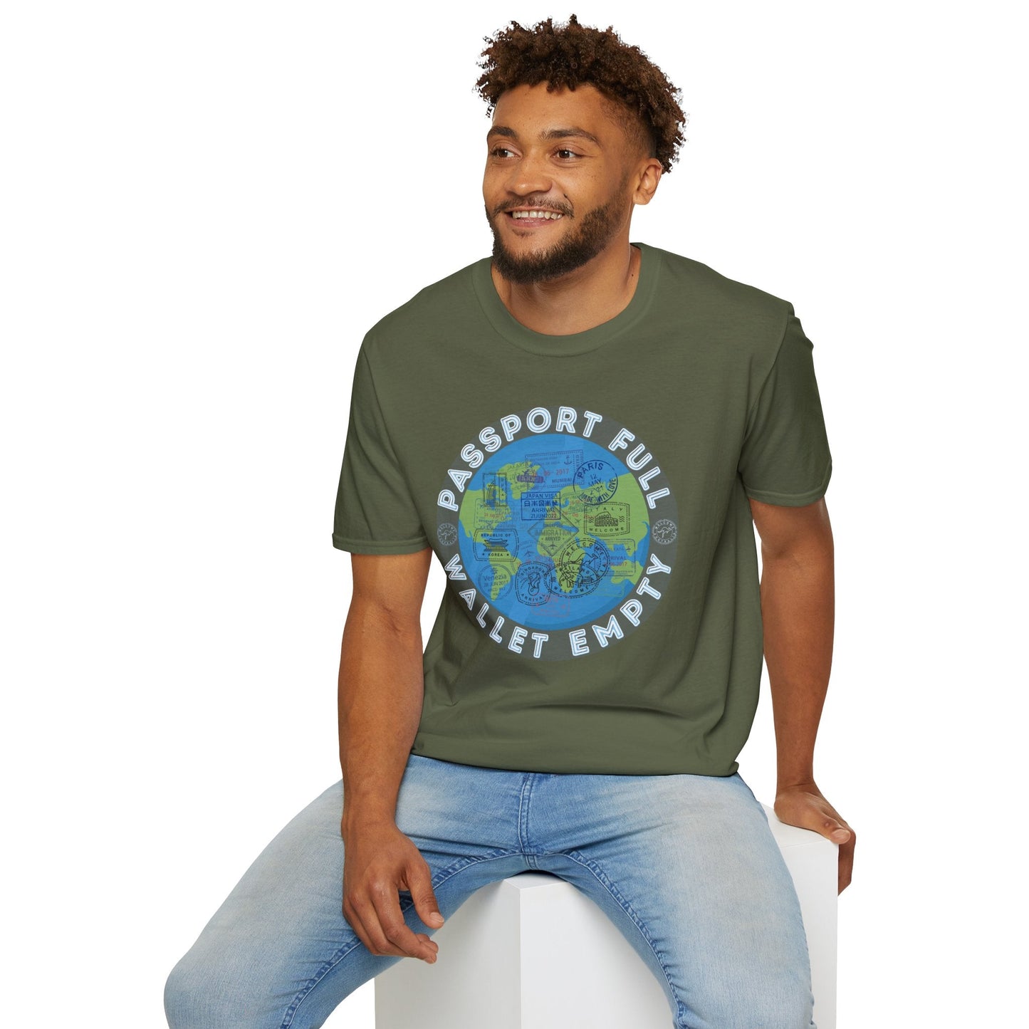 Travel T-Shirt — “Passport Full, Wallet Empty” with Globe Graphic Printify