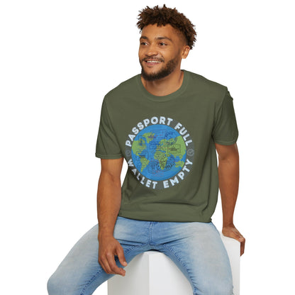 Travel T-Shirt — “Passport Full, Wallet Empty” with Globe Graphic Printify