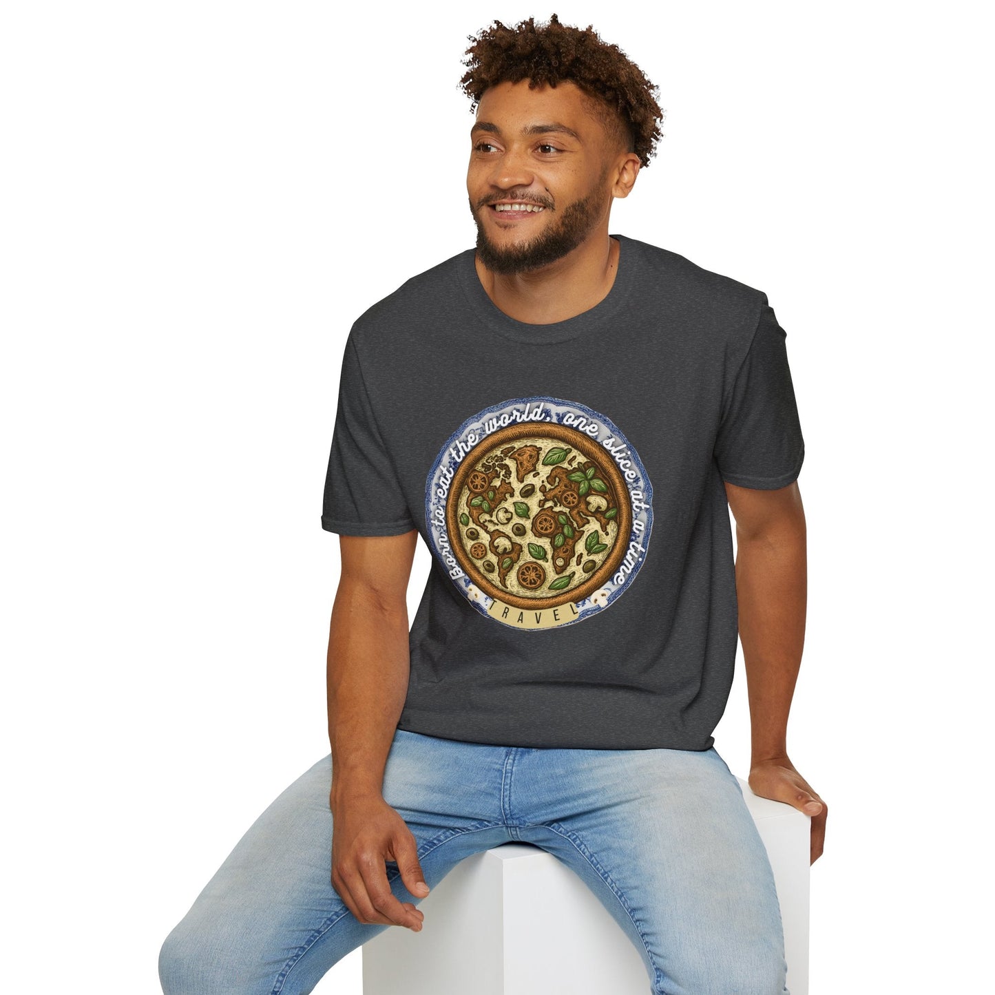 Unisex Pizza Lover's Funny Softstyle Travel T-Shirt - Born to Eat the World One Piece at a Time Printify