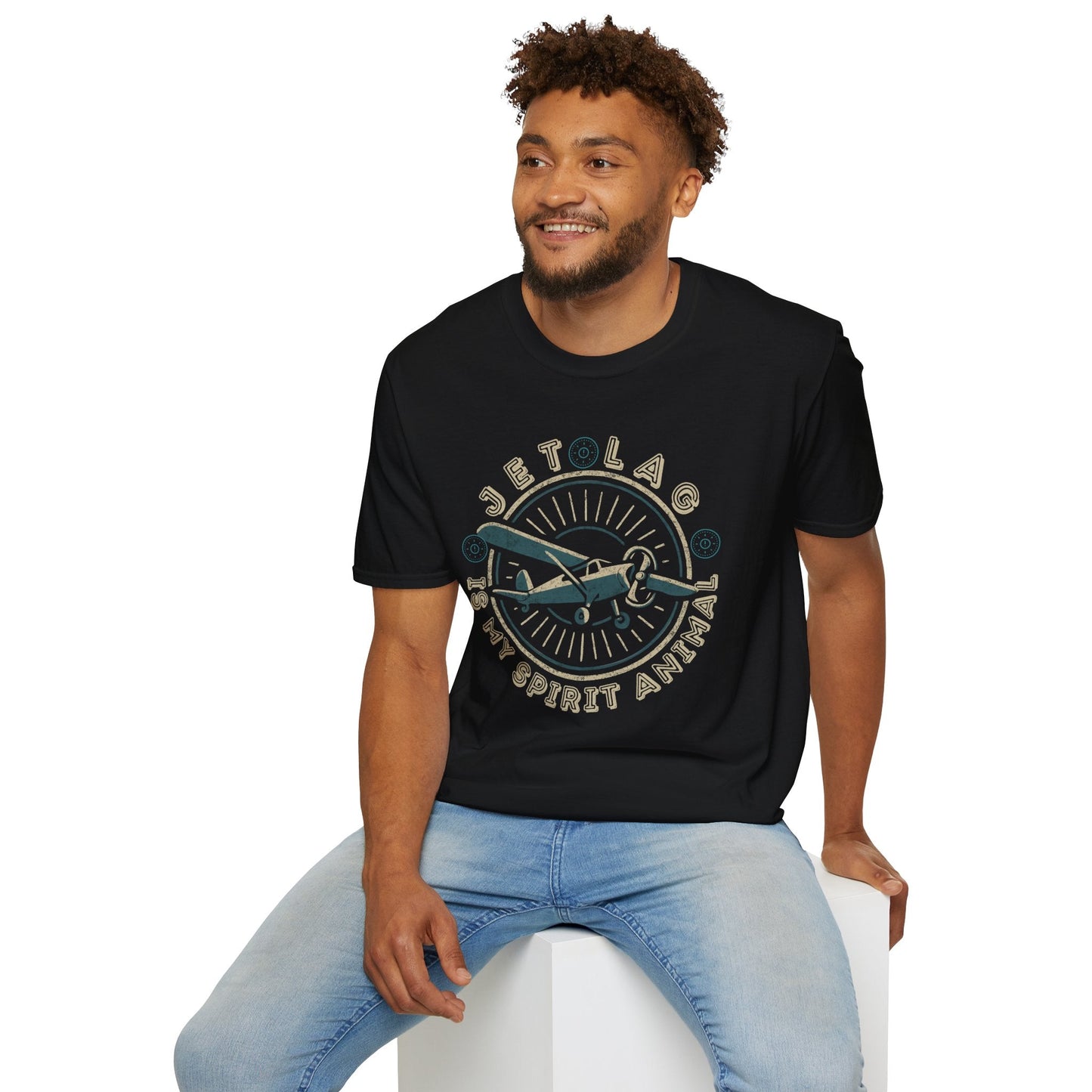 Vintage Propeller Plane T‑Shirt — "Jet Lag Is My Spirit Animal" Frequent Traveler Tee Printify