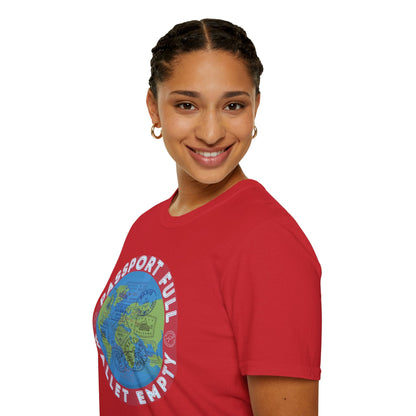 Travel T-Shirt — “Passport Full, Wallet Empty” with Globe Graphic Printify