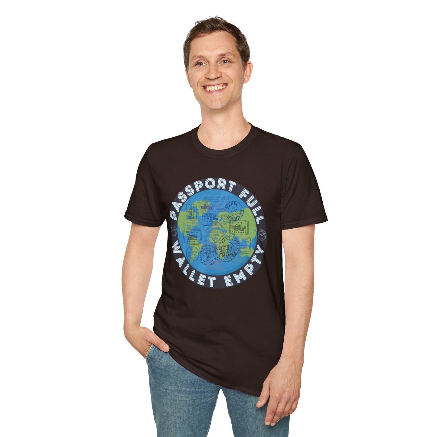 Travel T-Shirt — “Passport Full, Wallet Empty” with Globe Graphic Printify