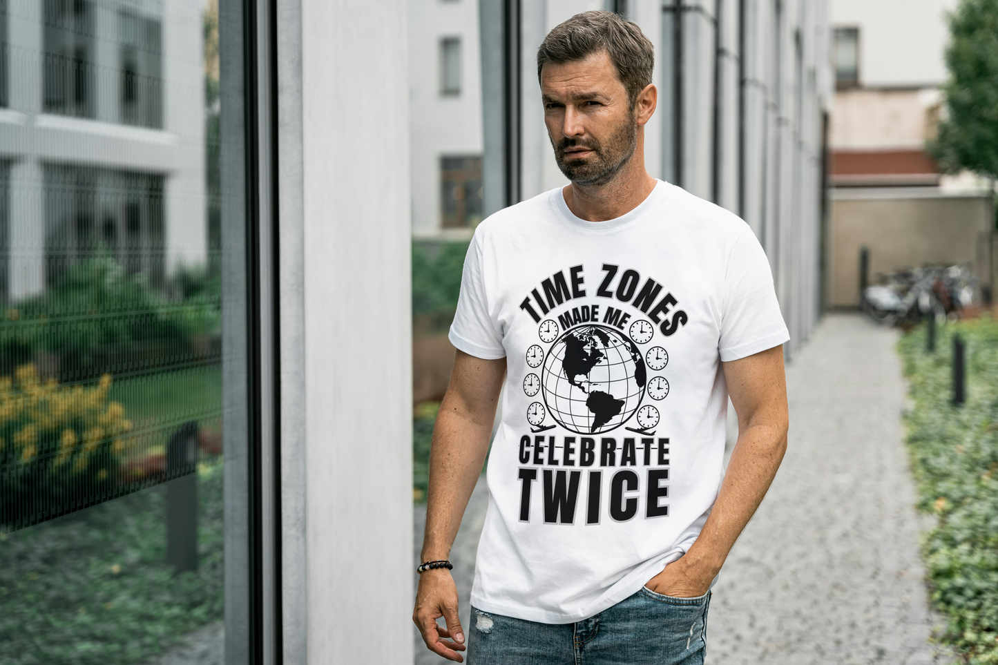 T-Shirt-“Time Zones Made Me Celebrate Twice” Globe Graphic Printify