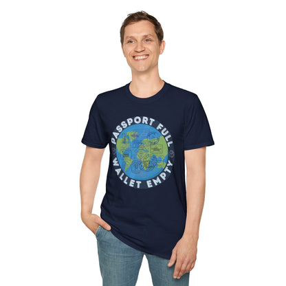 Travel T-Shirt — “Passport Full, Wallet Empty” with Globe Graphic Printify