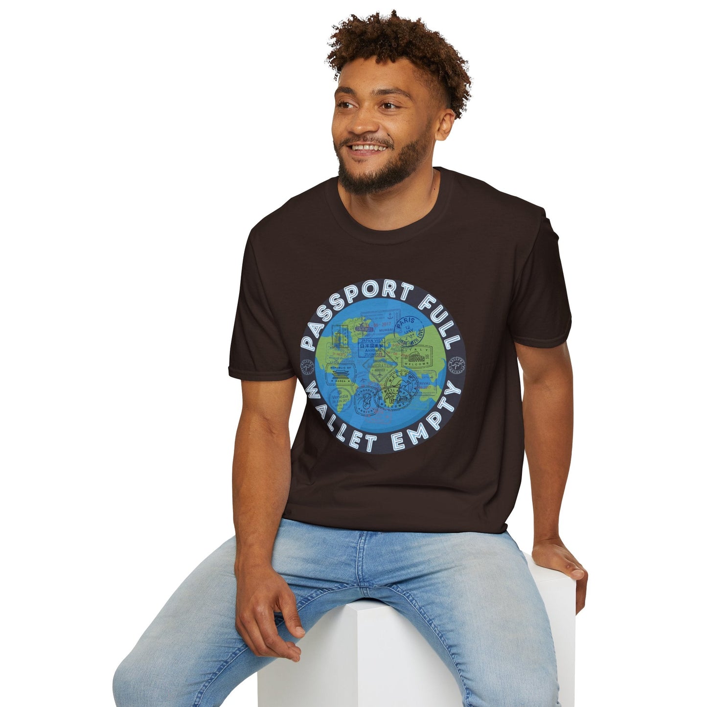Travel T-Shirt — “Passport Full, Wallet Empty” with Globe Graphic Printify