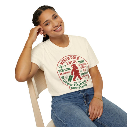 Christmas Travel Graphic T-Shirt — 'North Pole Down Under' Vintage Santa Design Printify