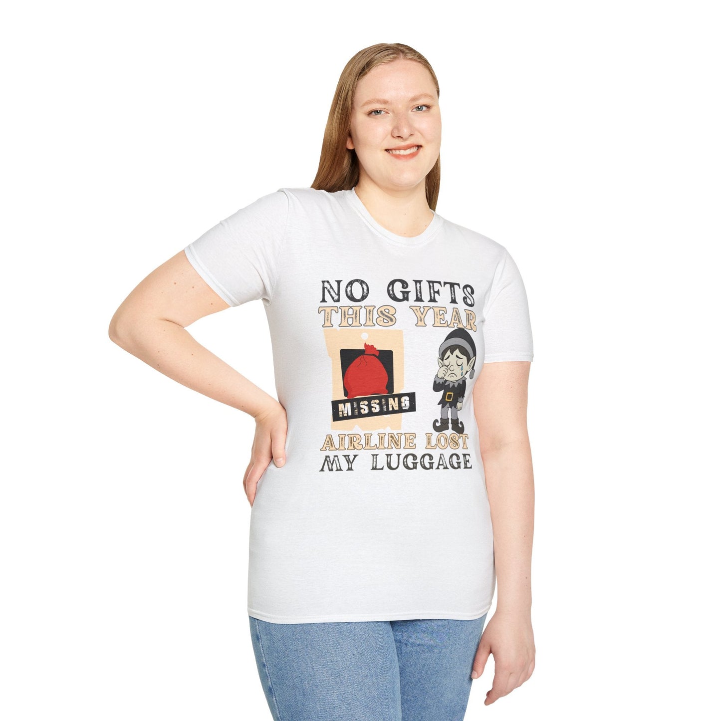 T-Shirt – "No Gifts This Year, The Airline Lost My Luggage" Funny Holiday Travel Tee Printify