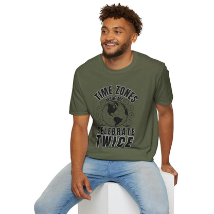 T-Shirt-“Time Zones Made Me Celebrate Twice” Globe Graphic Printify