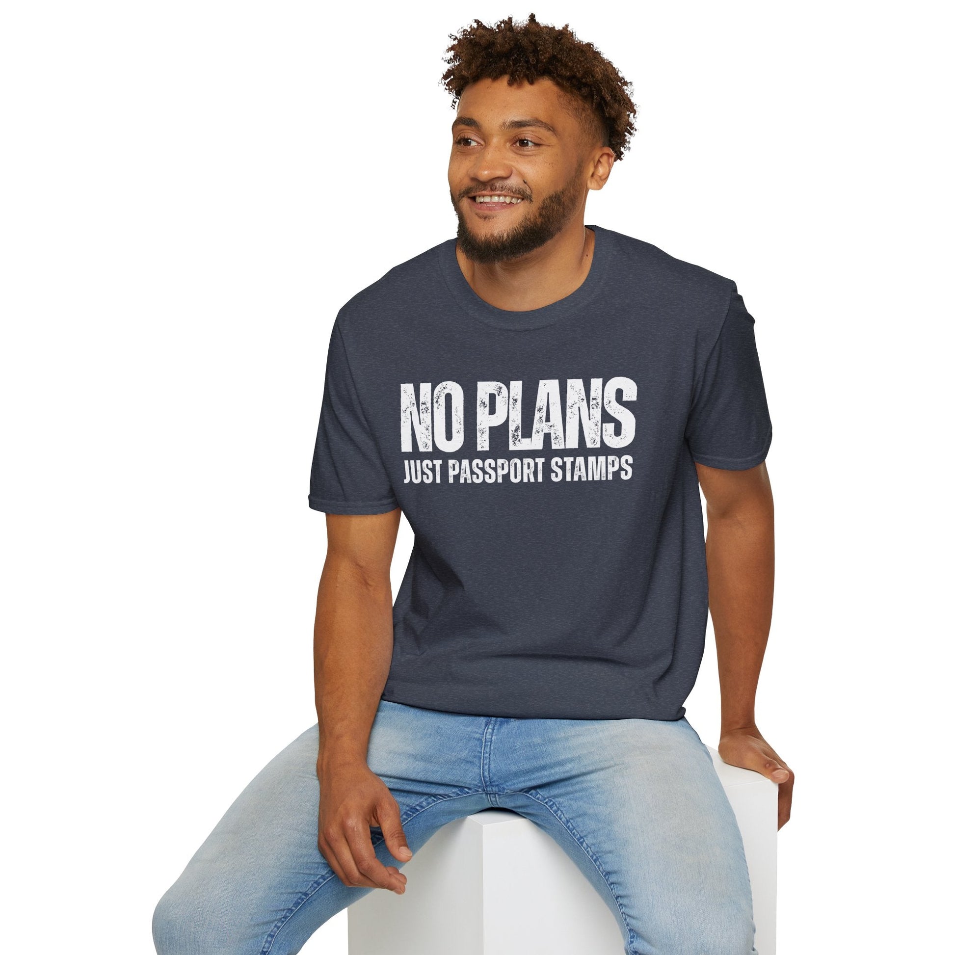Travel-Inspired Unisex T-Shirt – "No Plans, Just Passport Stamps" Printify
