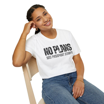 Travel-Inspired Unisex T-Shirt – "No Plans, Just Passport Stamps" Printify