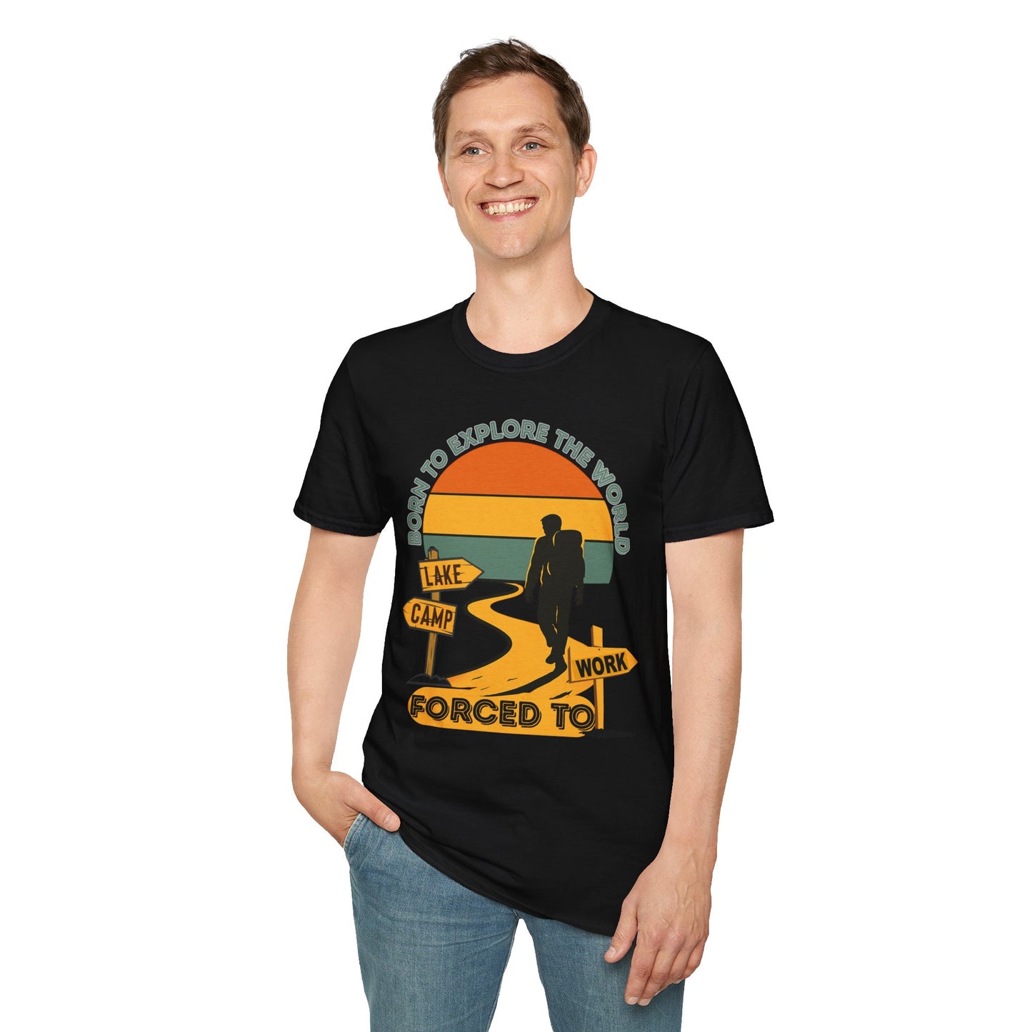 Adventure Hiker T-Shirt — "Born to Explore the World, Forced to Work" Retro Camping Tee