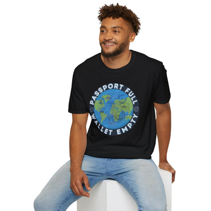 Travel T-Shirt — “Passport Full, Wallet Empty” with Globe Graphic Printify