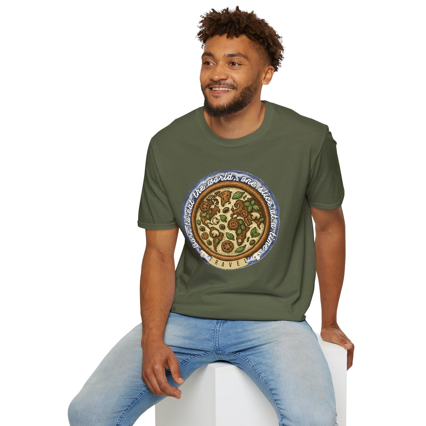 Unisex Pizza Lover's Funny Softstyle Travel T-Shirt - Born to Eat the World One Piece at a Time Printify