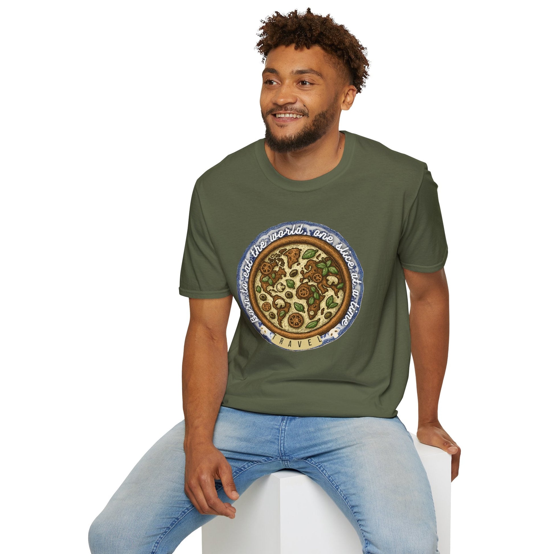 Unisex Pizza Lover's Funny Softstyle Travel T-Shirt - Born to Eat the World One Piece at a Time Printify