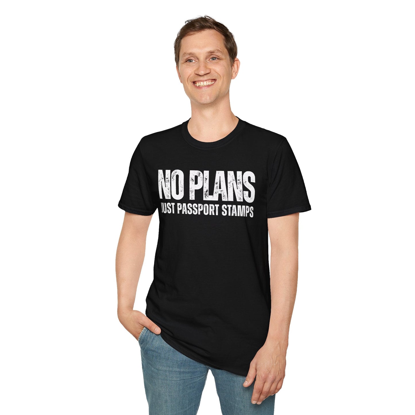 Travel-Inspired Unisex T-Shirt – "No Plans, Just Passport Stamps" Printify