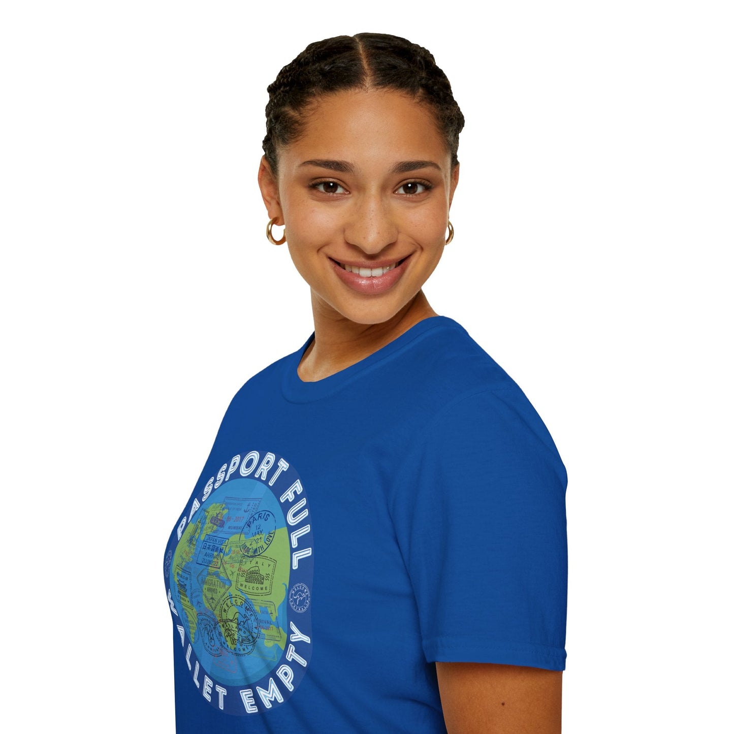 Travel T-Shirt — “Passport Full, Wallet Empty” with Globe Graphic Printify