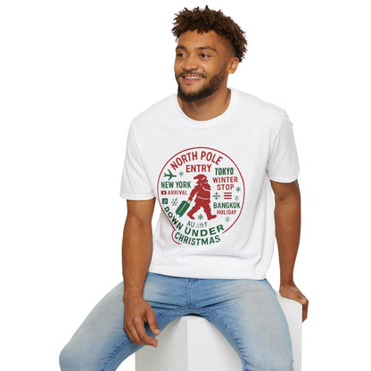 Christmas Travel Graphic T-Shirt — 'North Pole Down Under' Vintage Santa Design Printify