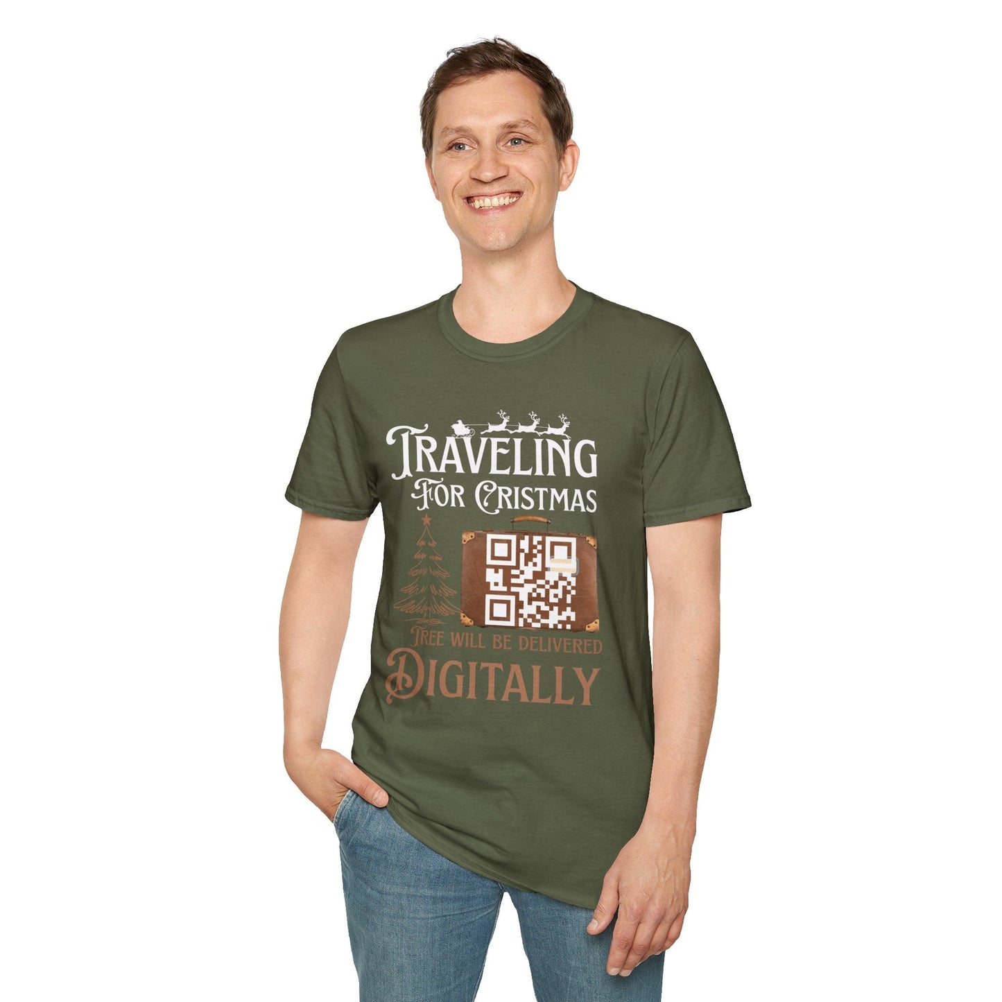 Traveling for Christmas T-Shirt — “Tree Will Be Delivered Digitally” Holiday Tee Printify
