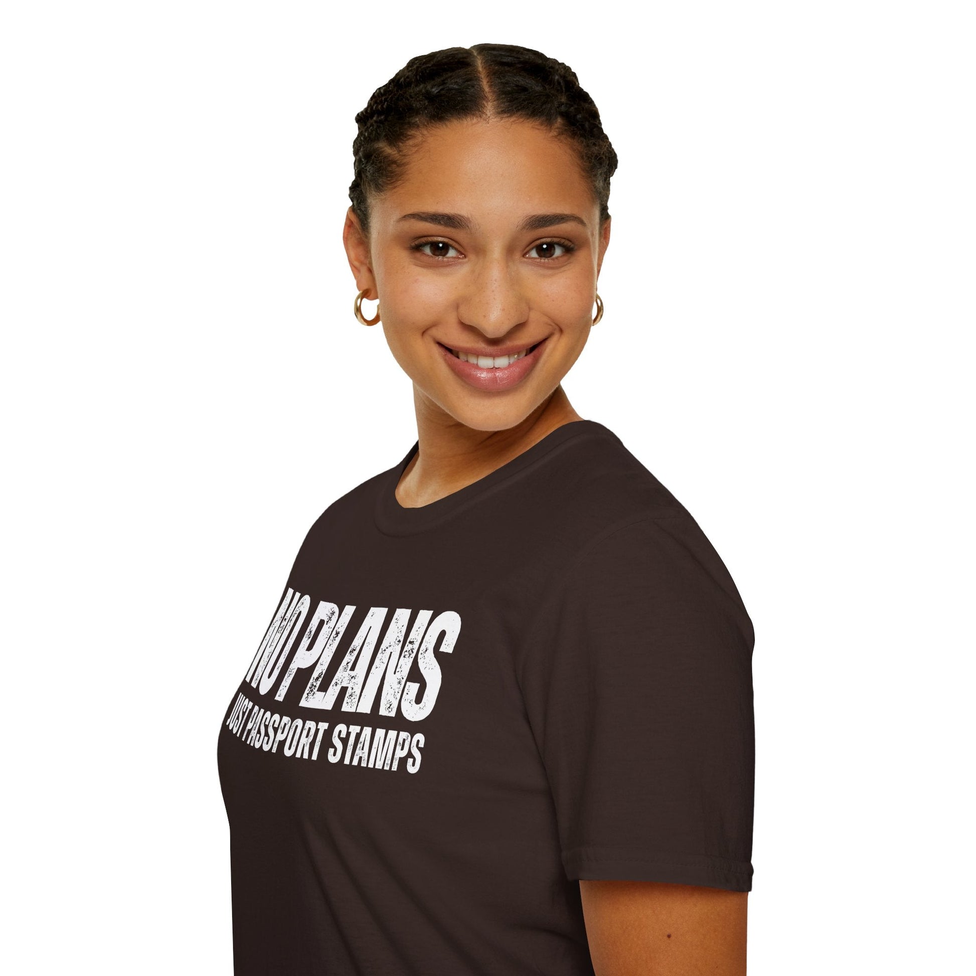 Travel-Inspired Unisex T-Shirt – "No Plans, Just Passport Stamps" Printify