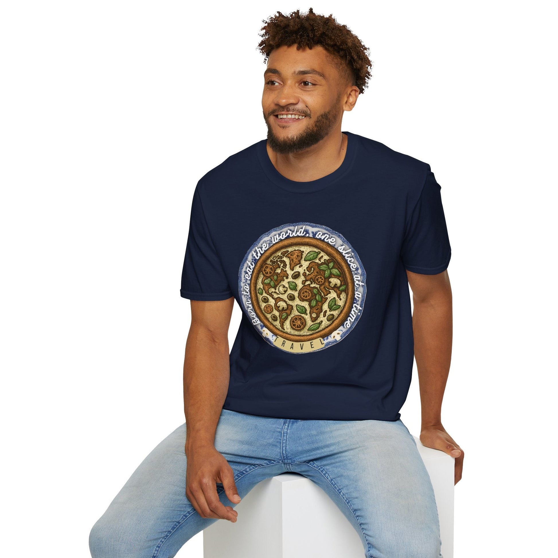 Unisex Pizza Lover's Funny Softstyle Travel T-Shirt - Born to Eat the World One Piece at a Time Printify