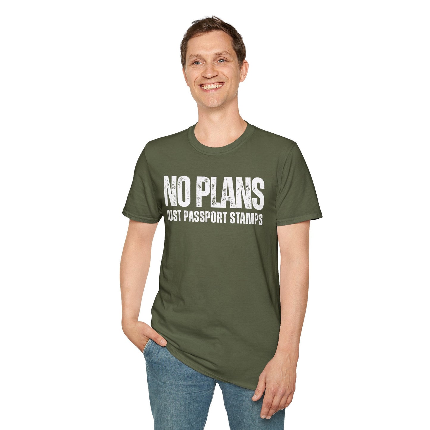 Travel-Inspired Unisex T-Shirt – "No Plans, Just Passport Stamps" Printify