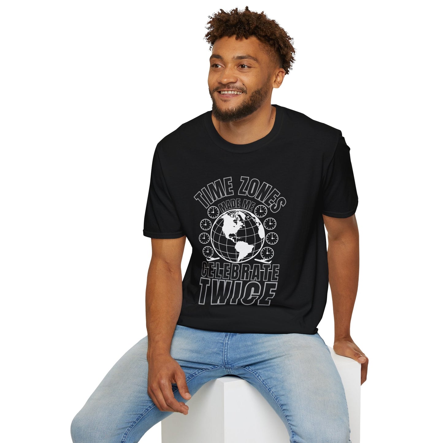 T-Shirt-“Time Zones Made Me Celebrate Twice” Globe Graphic Printify