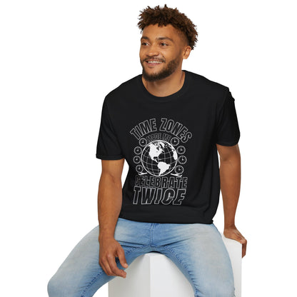 T-Shirt-“Time Zones Made Me Celebrate Twice” Globe Graphic Printify