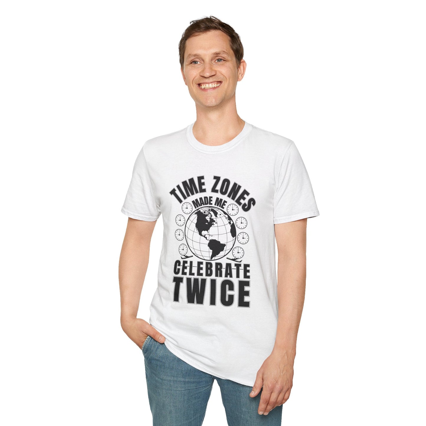 T-Shirt-“Time Zones Made Me Celebrate Twice” Globe Graphic Printify