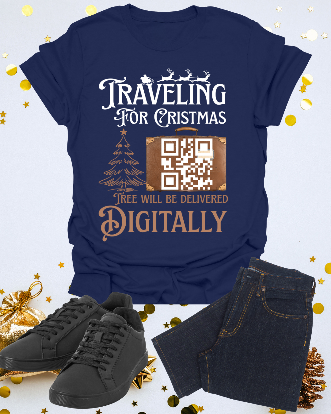 Traveling for Christmas T-Shirt — “Tree Will Be Delivered Digitally” Holiday Tee Printify