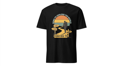 Adventure Hiker T-Shirt — "Born to Explore the World, Forced to Work" Retro Camping Tee