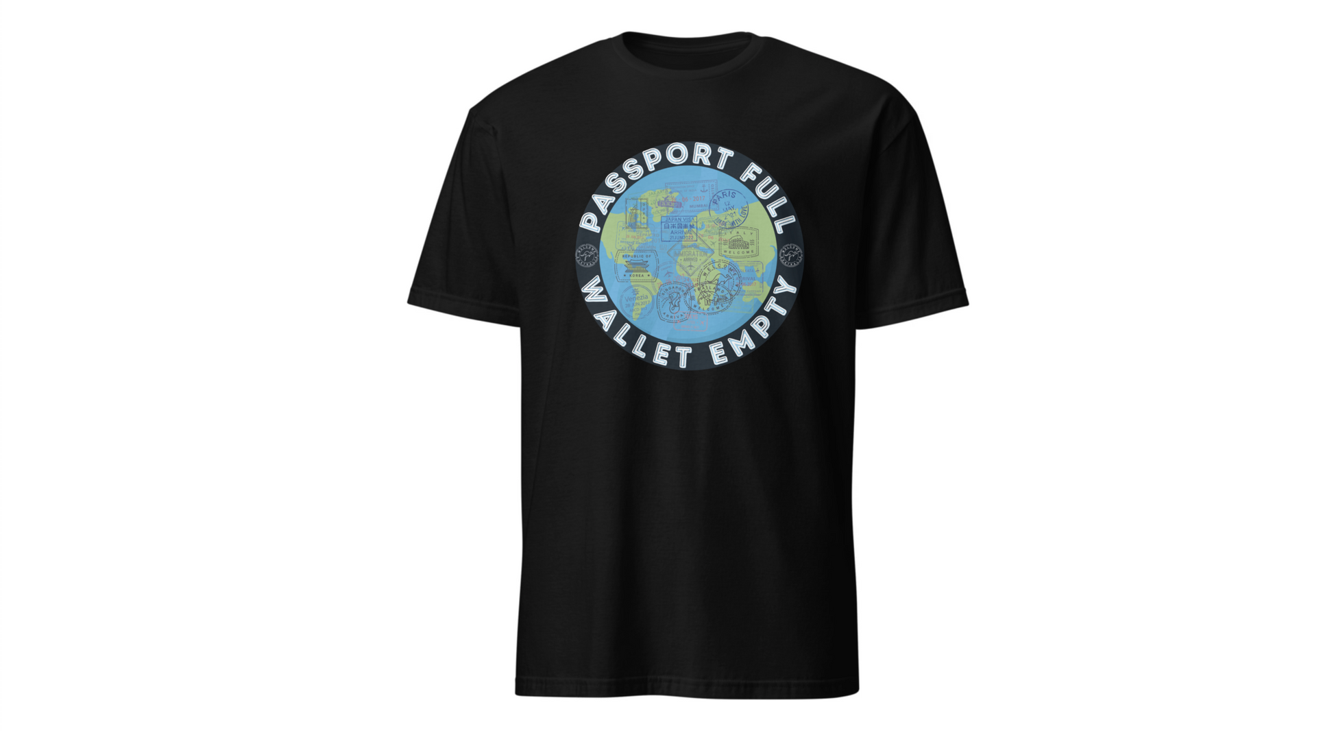 Travel T-Shirt — “Passport Full, Wallet Empty” with Globe Graphic Printify
