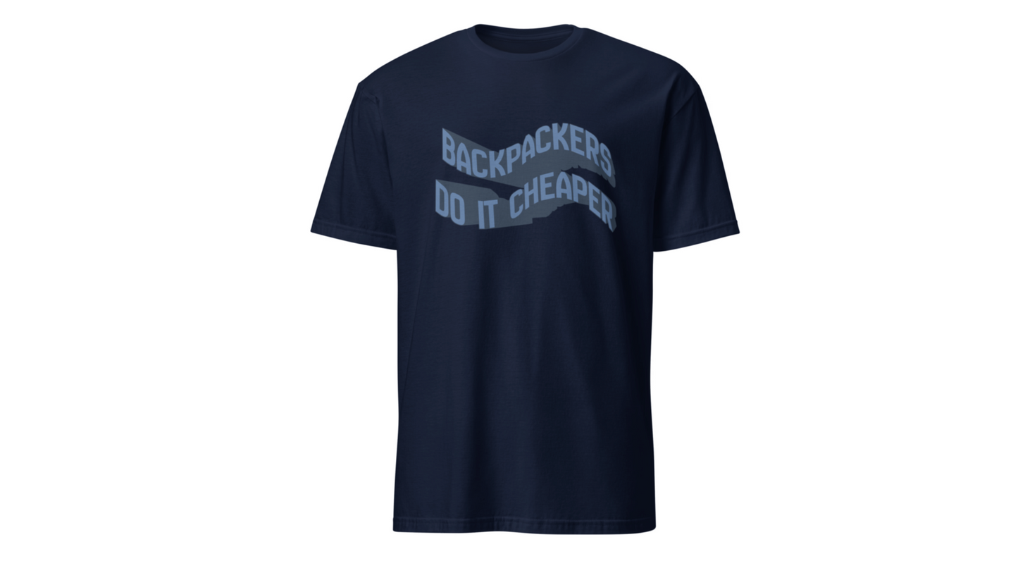 Wavy "Backpackers Do It Cheaper" Graphic T‑Shirt — Budget Travel Quote Tee