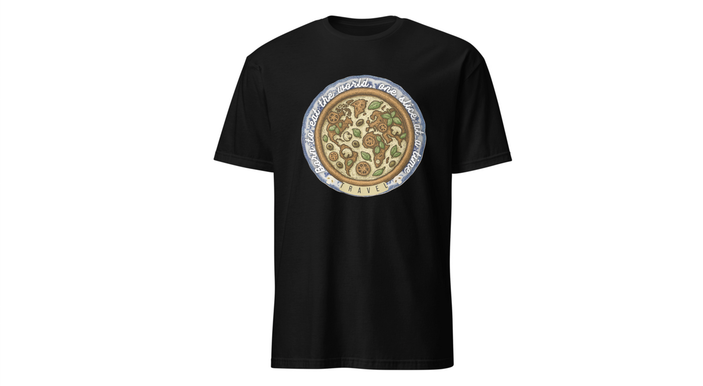 Unisex Pizza Lover's Funny Softstyle Travel T-Shirt - Born to Eat the World One Piece at a Time Printify