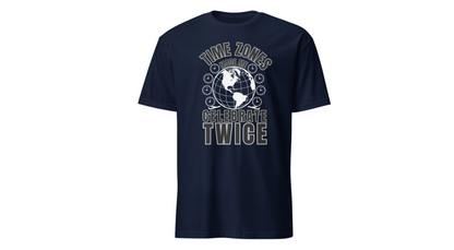 T-Shirt-“Time Zones Made Me Celebrate Twice” Globe Graphic Printify