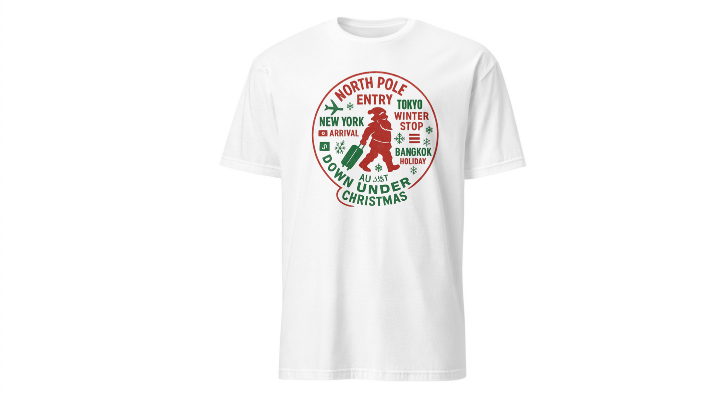 Christmas Travel Graphic T-Shirt — 'North Pole Down Under' Vintage Santa Design Printify