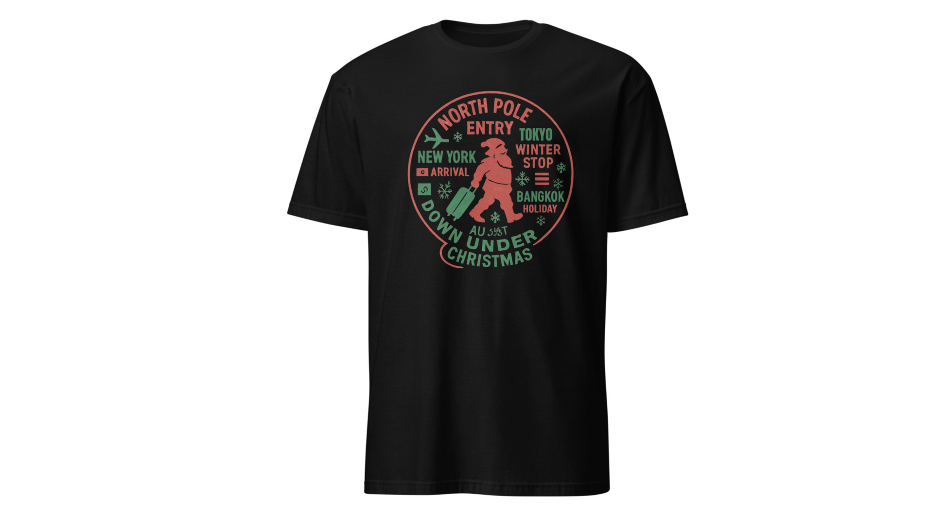 Christmas Travel Graphic T-Shirt — 'North Pole Down Under' Vintage Santa Design Printify