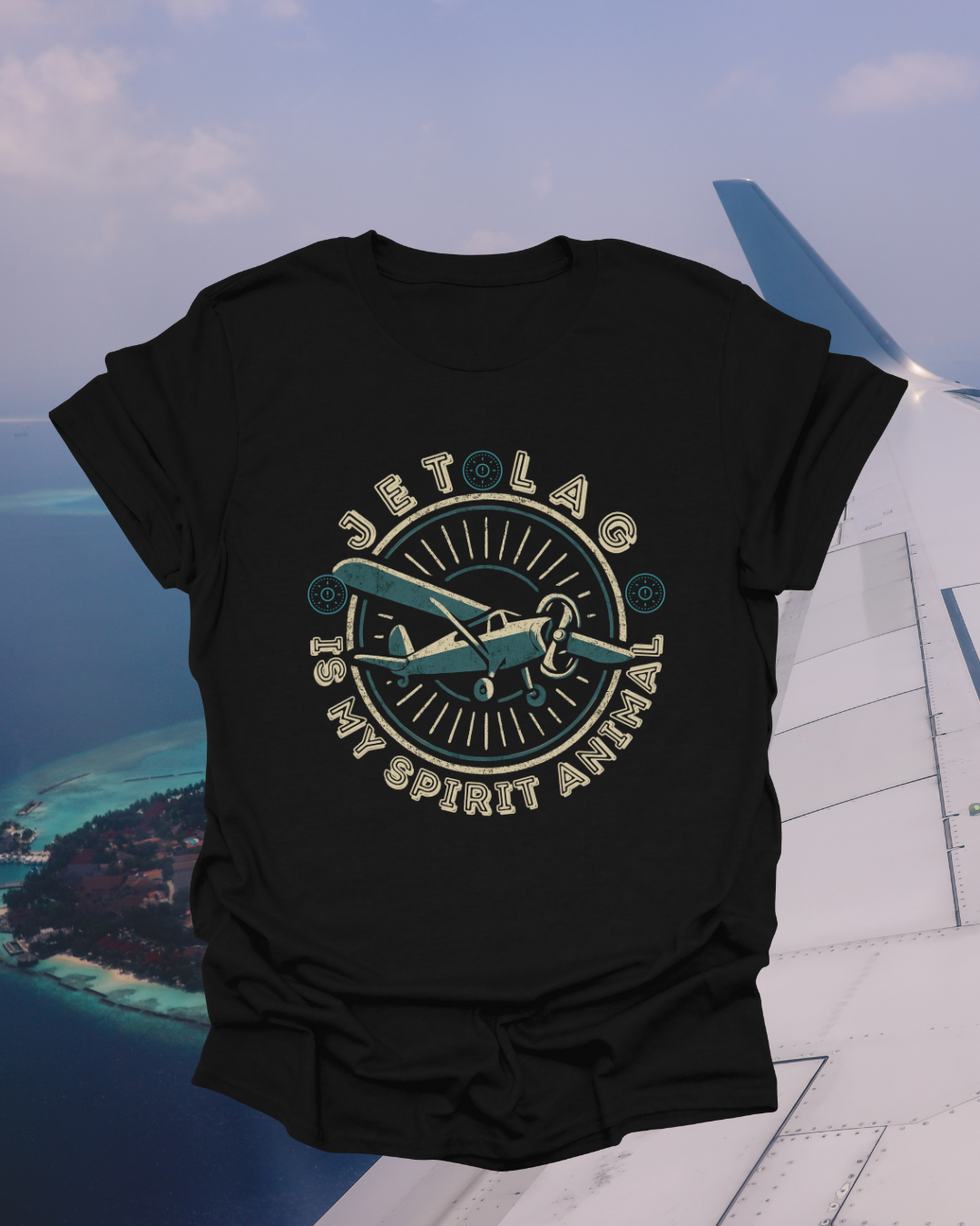 Vintage Propeller Plane T‑Shirt — "Jet Lag Is My Spirit Animal" Frequent Traveler Tee Printify