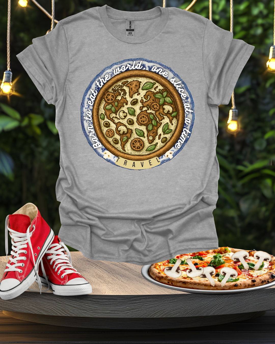 Unisex Pizza Lover's Funny Softstyle Travel T-Shirt - Born to Eat the World One Piece at a Time Printify