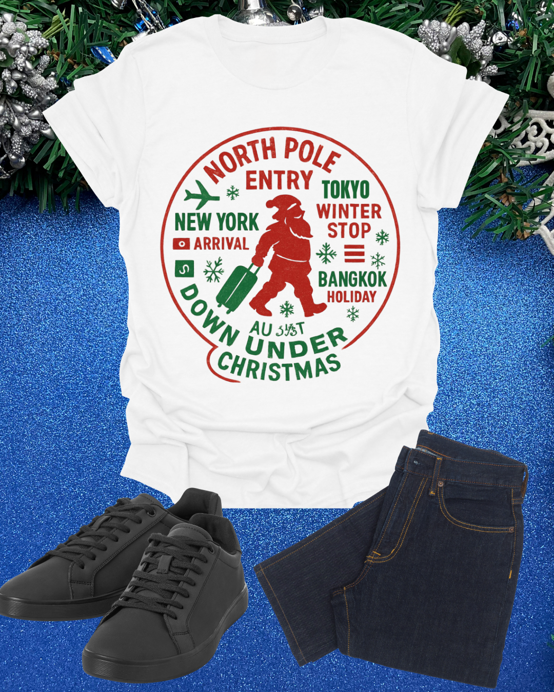 Christmas Travel Graphic T-Shirt — 'North Pole Down Under' Vintage Santa Design Printify