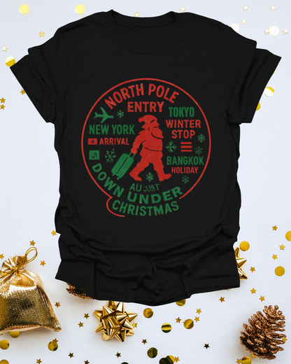 Christmas Travel Graphic T-Shirt — 'North Pole Down Under' Vintage Santa Design Printify