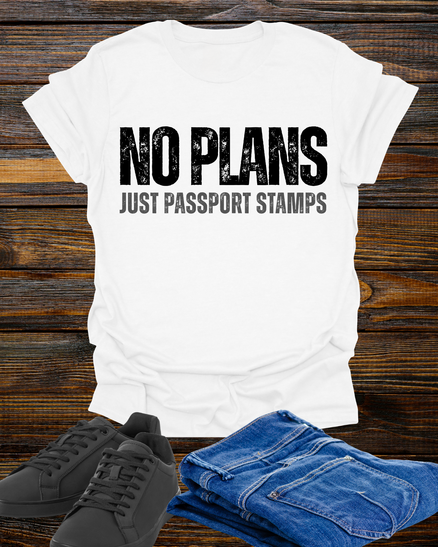 Travel-Inspired Unisex T-Shirt – "No Plans, Just Passport Stamps" Printify